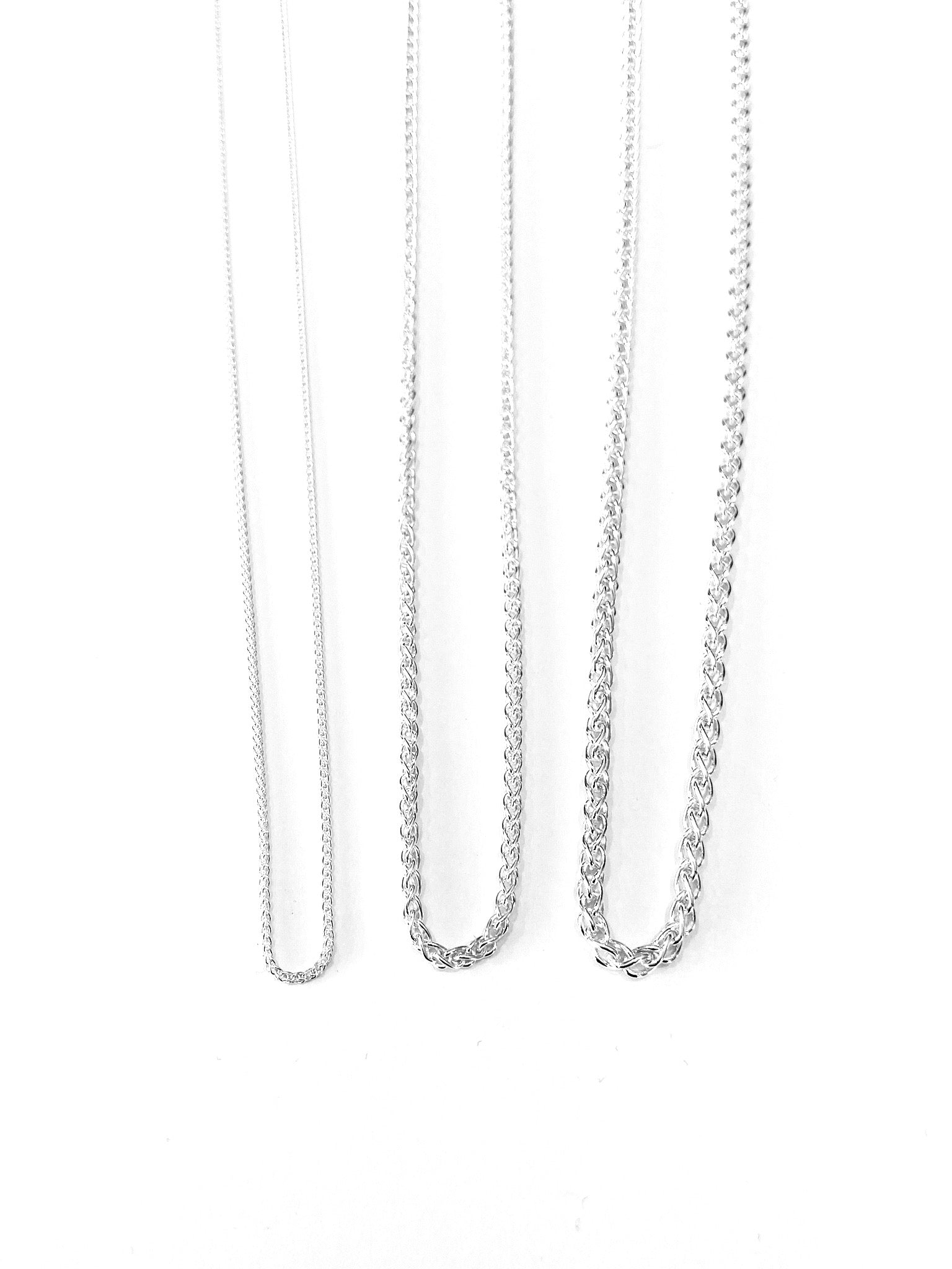 All three sizes of D Street Designs Wheat Chain. High shine jewelry necklace chain in silver color
